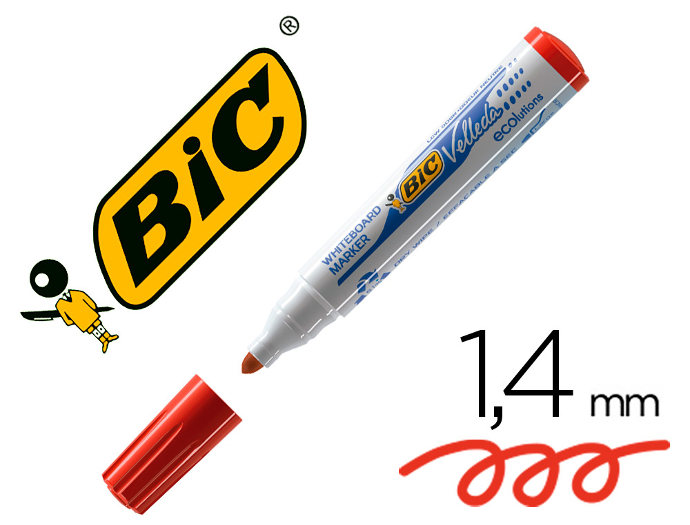 MARQUEUR BIC VELLEDA 1701 EFFAABLE POINTE OGIVE TRAC 1.5MM ENCRE BASE ALCOOL INODORE CORPS PLASTIQUE ROUGE