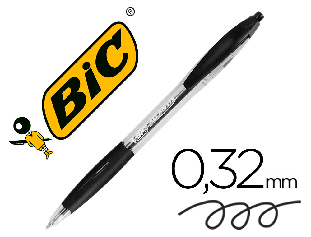 STYLO-BILLE BIC ATLANTIS CRITURE MOYENNE 0.5MM ENCRE DOUCE BILLE RCTRACTABLE CORPS CRISTAL CLIP GRIP PRHENSION NOIR