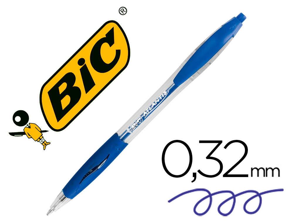 STYLO-BILLE BIC ATLANTIS CRITURE MOYENNE 0.5MM ENCRE DOUCE BILLE RCTRACTABLE CORPS CRISTAL CLIP GRIP PRHENSION BLEU