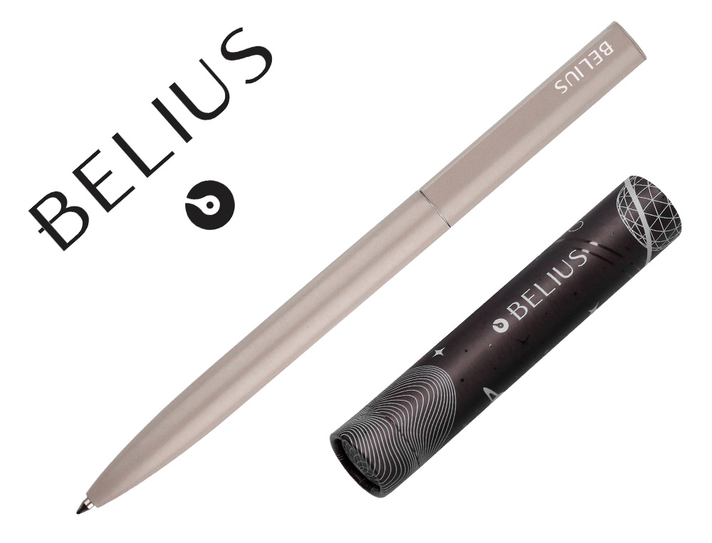 STYLO-BILLE BELIUS ROCKET B MONOCHROME SANS AGRAFE ENCRE BLEUE COLORIS GRIS DANS COFFRET CADEAU ORIGINAL CYLINDRIQUE