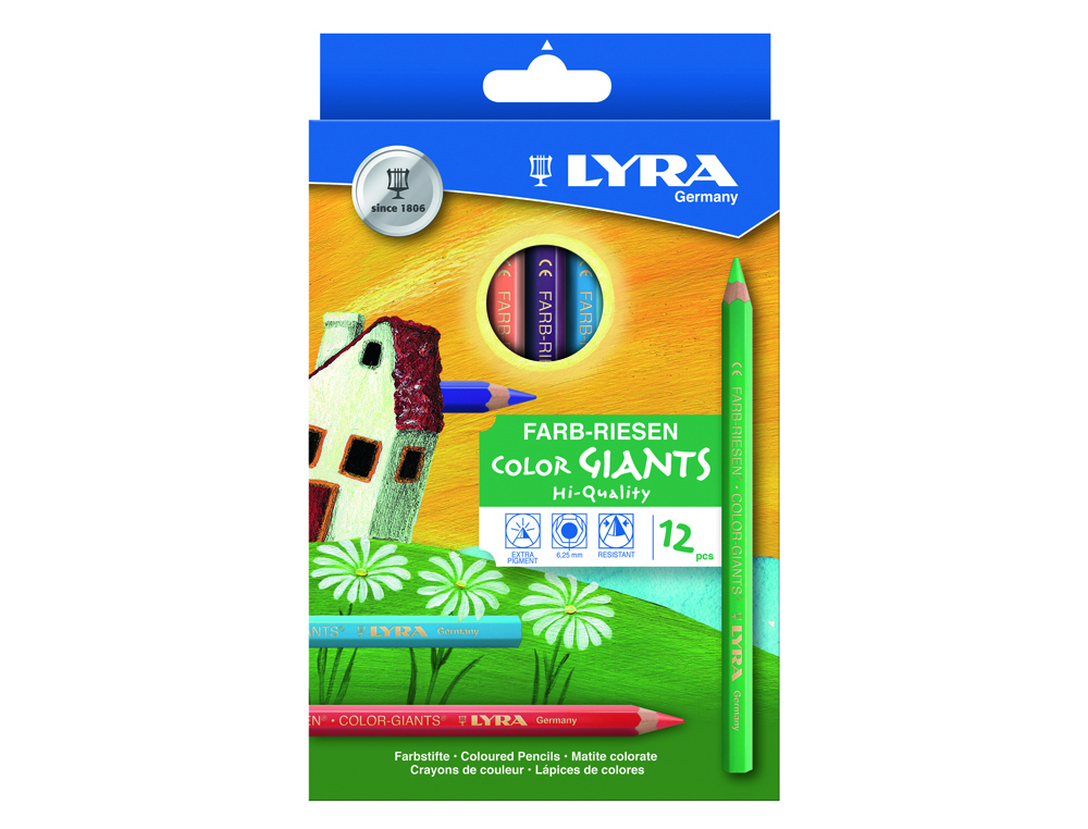 ETUI CRAYONS DE COULEUR GEANTES LYRA FORME            HEXAGONALES BOIS 18CM MINE    6MM 12 UNITES COLORIS