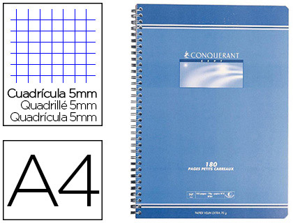 CAHIER CONQURANT SEPT RELIURE INTGRALE COUVERTURE OFFSET A4 21X29,7CM 180 PAGES 70G 5X5MM