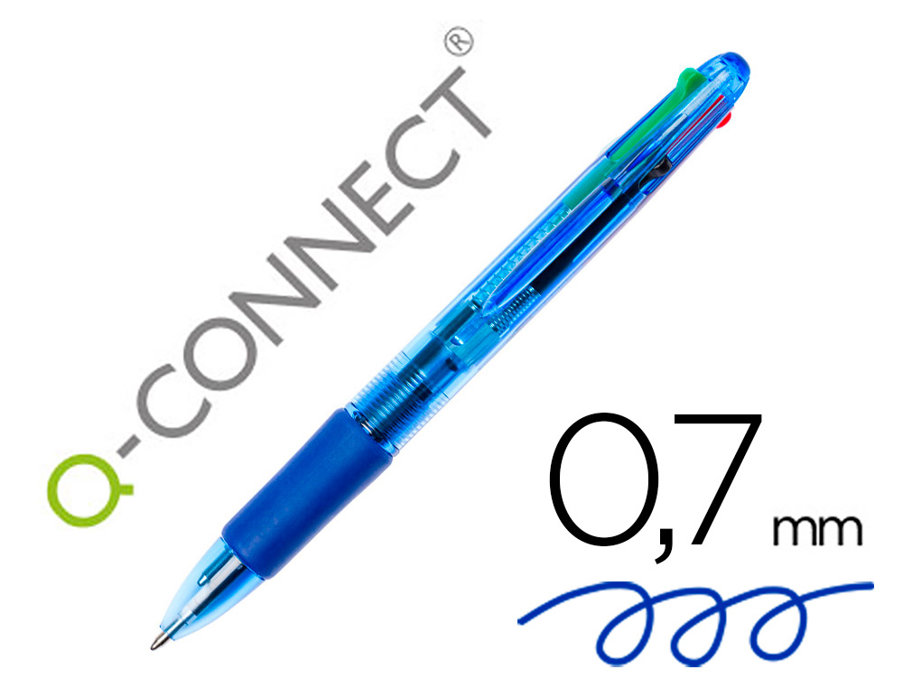 STYLO-BILLE Q-CONNECT 4 COULEURS CRITURE MOYENNE 0.7MM CORPS TRANSLUCIDE BLEUT ENCRE CLASSIQUE NOIR BLEU ROUGE VERT