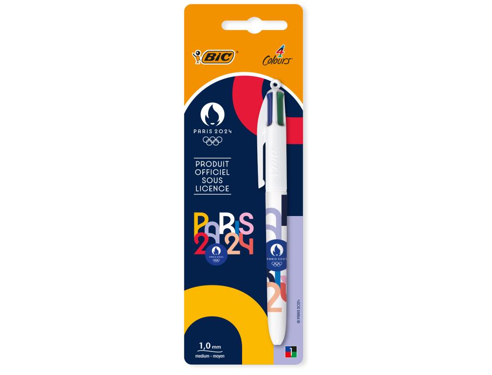 STYLO-BILLE BIC 4 COULEURS PARIS 2024 POINTE MOYENNE 1MM RETRACTABLE CORPS PLASTIQUE MODELES ASSORTIS BLISTER 1 UNITE