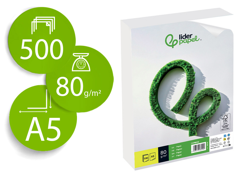 PAPIER CRITURE LIDERPAPEL A5 148X210MM BLANCHEUR EXTRA OPACIT 80G/M2 PAQUET 500 FEUILLES