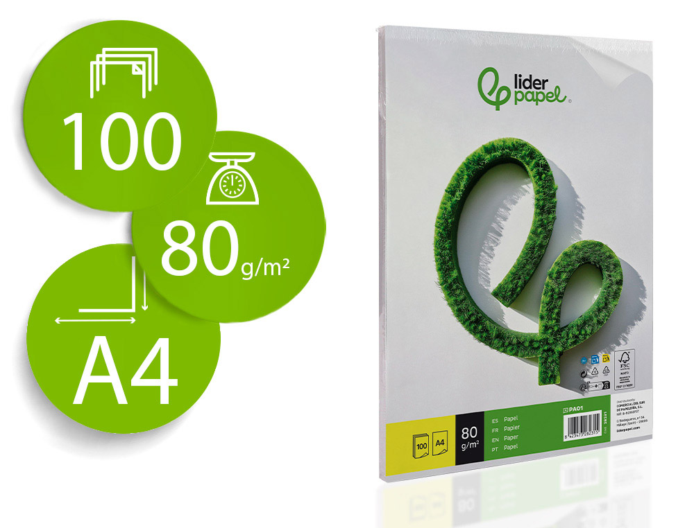 PAPIER CRITURE LIDERPAPEL A4 210X297MM BLANCHEUR EXTRA OPACIT 80G/M2 PAQUET 100 FEUILLES