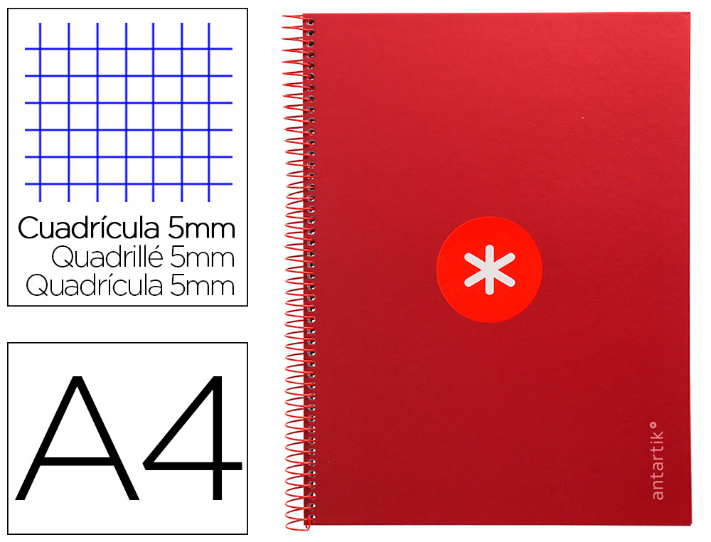CAHIER SPIRALE LIDERPAPEL ANTARTIK A4 160P 90G COUVERTURE REMBORDEE 5X5MM 4 TROUS     1 BANDE COLORIS FRAMBOISE