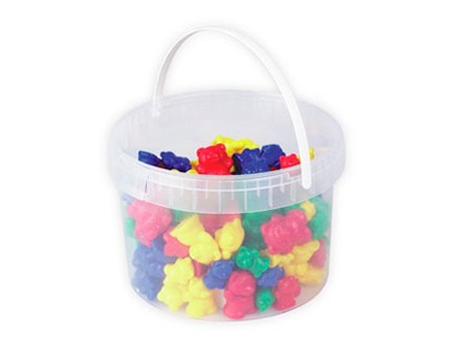 JEU OURSON  TRIER SEAU RANGEMENT CONTIENT 96 OURSONS 3 TAILLES 3 POIDS 4 COLORIS