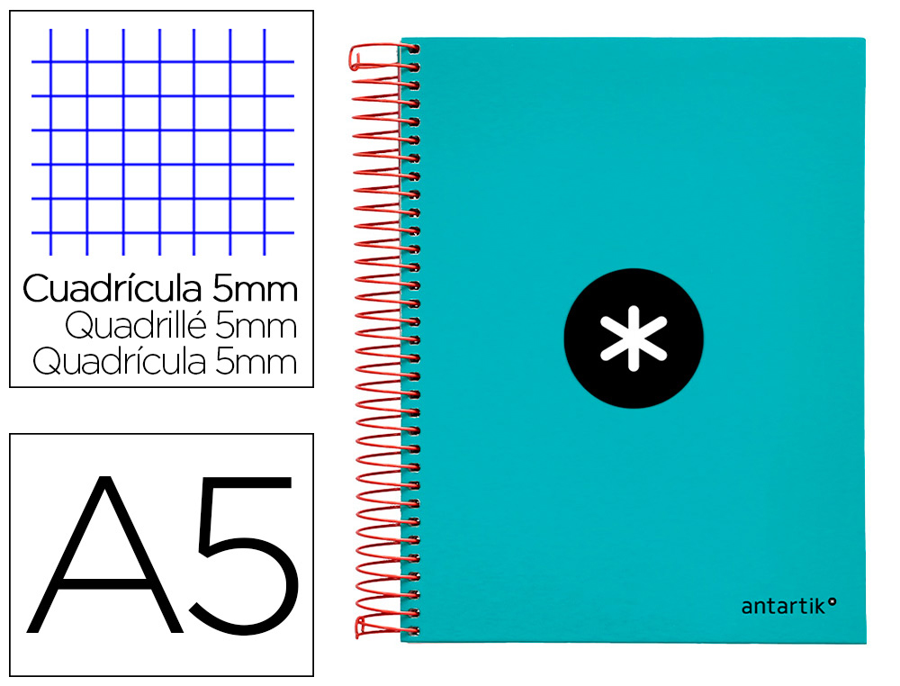 CAHIER SPIRALE LIDERPAPEL ANTARTIK A5 240P 100G COUVERTURE REMBORDE QUADRILLAGE 5MM 6 TROUS COIL-LOCK COLORIS TURQUOISE