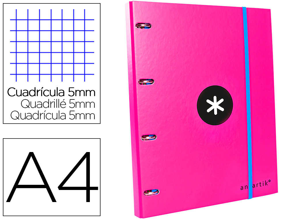 CLASSEUR LIDERPAPEL ANTARTIK 4 ANNEAUX RONDS 25MM A4 CARTON REMBORD FEUILLETS MOBILES QUADRILLAGE 5MM COLORIS ROSE