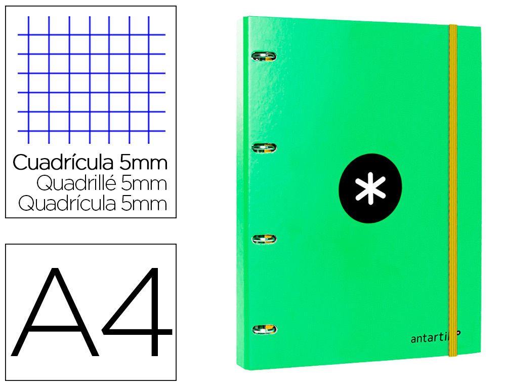CLASSEUR LIDERPAPEL ANTARTIK 4 ANNEAUX RONDS 25MM A4 CARTON REMBORD FEUILLETS MOBILES QUADRILLAGE 5MM COLORIS VERT