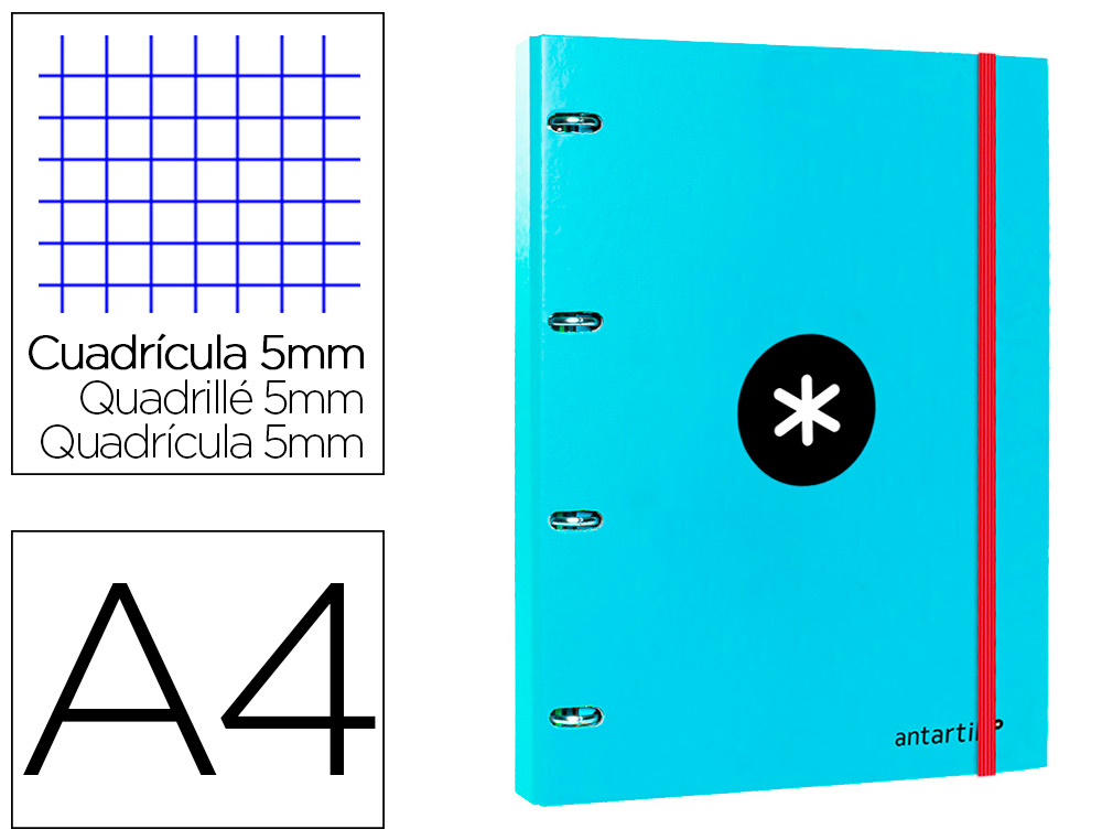 CLASSEUR LIDERPAPEL ANTARTIK 4 ANNEAUX RONDS 25MM A4 CARTON REMBORD FEUILLETS MOBILES QUADRILLAGE 5MM COLORIS TURQUOISE
