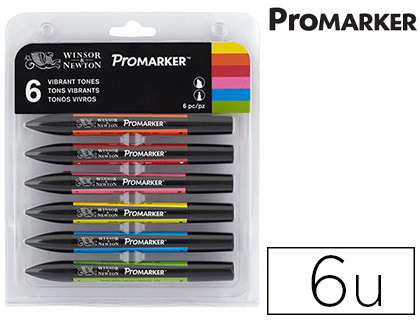 MARQUEUR PROFESSIONNEL W&N PROMARKER DOUBLE POINTE TONS VIBRANTS JAUNE MANDARINE PAVOT CERISE CYAN VERT VIF SET 6 UNITS