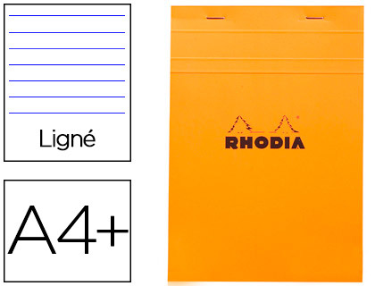 BLOC BUREAU RHODIA A4+ PAPIER VLIN SURFIN COUVERTURE ENDUITE ENVELOPPANTE 210X320MM 80F DTACHABLES 80G LIGN ORANGE