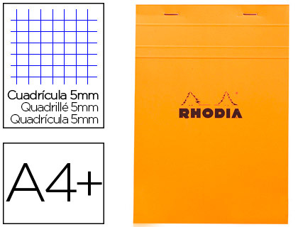 BLOC BUREAU RHODIA A4+ PAPIER VLIN SURFIN COUVERTURE ENDUITE ENVELOPPANTE 218X318MM 80F DTACHABLES 80G 5X5MM ORANGE