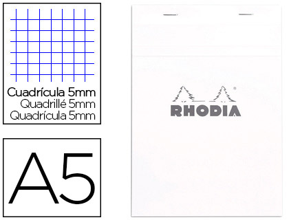 BLOC AGRAF RHODIA WHITE N.16 A5 14.8X21CM COUVERTURE CARTE ENDUITE 80F 80G 5X5MM MICROPERFOR BLANC