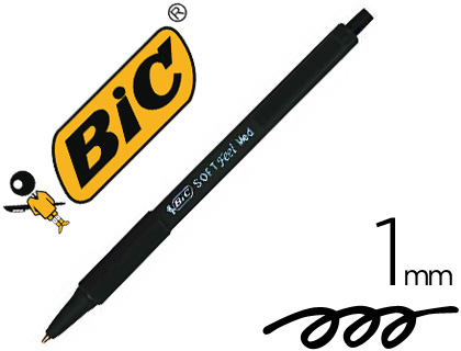 STYLO-BILLE BIC SOFT FEEL POINTE MOYENNE 1MM RTRACTABLE CLIP GRIP CORPS CAOUTCHOUC COULEUR NOIR