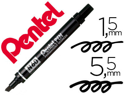 MARQUEUR PENTEL N60 PERMANENT POINTE BISEAUTE 3.9/5.7MM ENCRE  SOLVANT INDLBILE TOUS SUPPORTS CORPS MTAL NOIR