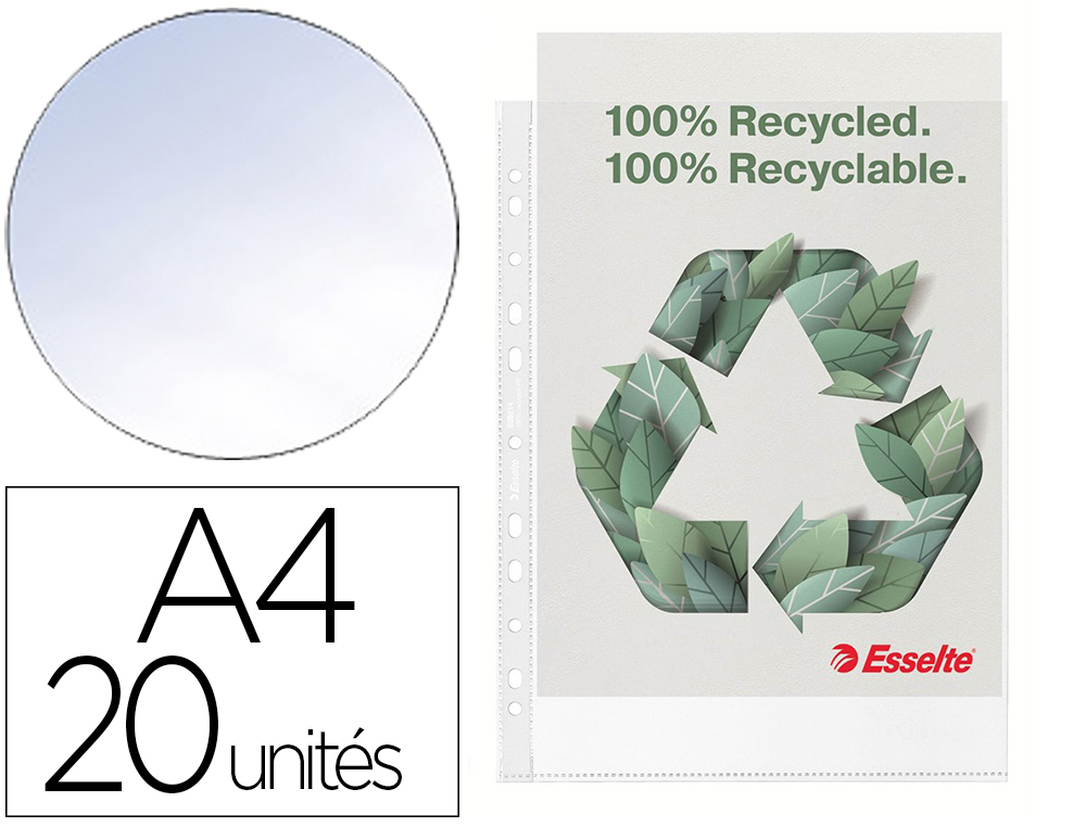 POCHETTE ESSELTE PERFOREE A4 POLYPROPYLENE RECYCLE 11      TROUS TRANSPARENT SACHET 20   UNITES