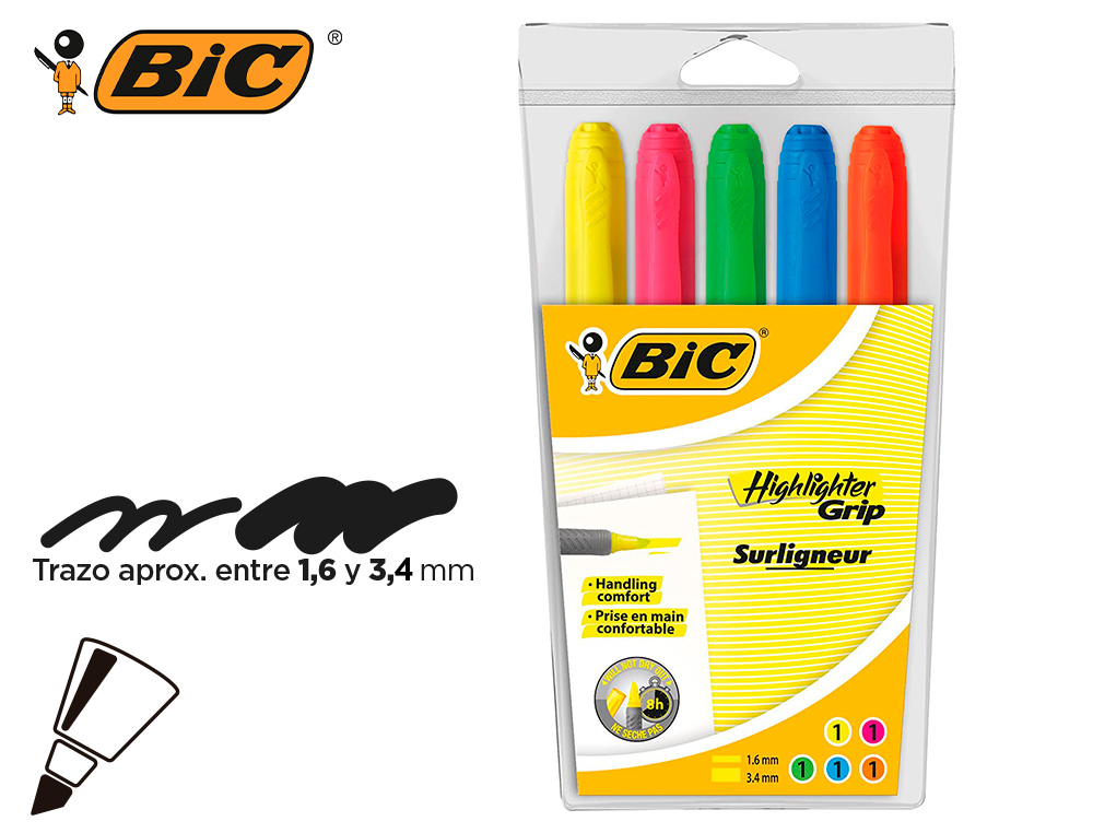 SURLIGNEUR BIC HIGHLIGHTER GRIP CAOUTCHOUC POINTE        MOYENNE BISEAUTEE POCHETTE 5  UNITES JAUNE BLEU VERT ORANGE