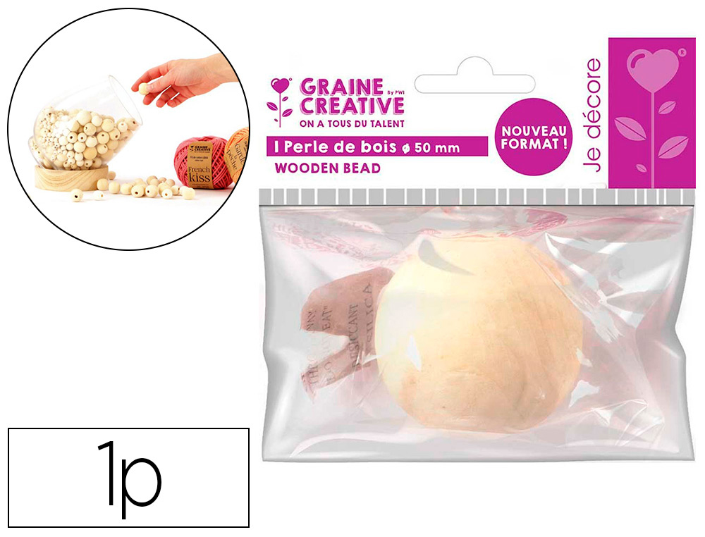 PERLE EN BOIS GRAINE CREATIVE DIAMETRE 50MM SACHET 1 PIECE