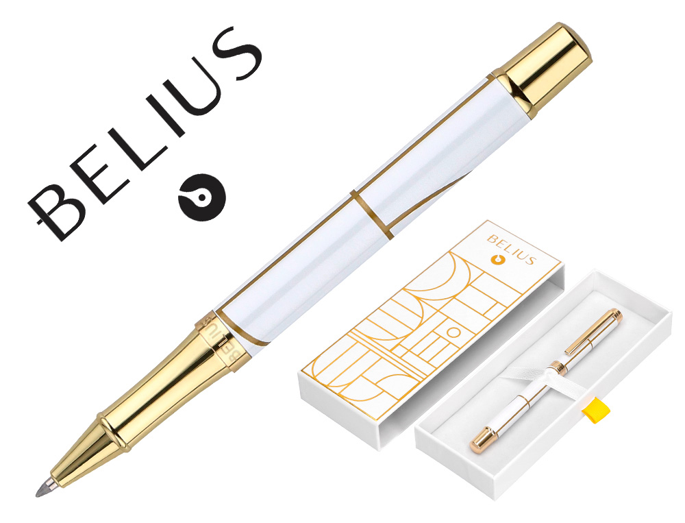 ROLLER BELIUS CARTE BLANCHE ALUMINIUM DETAILS ET ATTRIBUTS OR ENCRE NOIRE COLORIS BLANC DANS COFFRET CADEAU