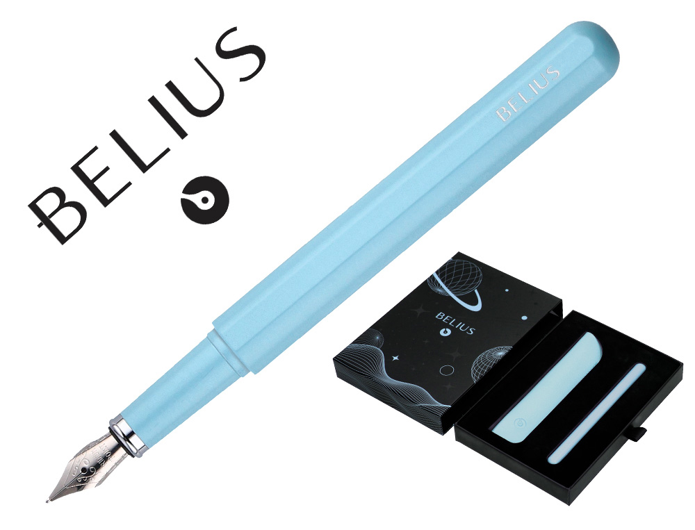 STYLO-PLUME ET ETUI EN SIMILI CUIR BELIUS SPACE B MONOCHROME SANS AGRAFE ENCRE BLEUE COLORIS BLEU DANS COFFRET CADEAU