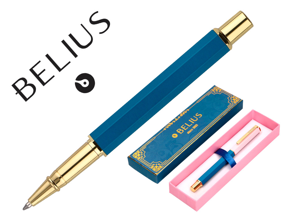 STYLO-BILLE BELIUS MACARON BLISS HEXAGONAL ALUMINIUM DETAILS ET ATTRIBUTS OR ENCRE BLEUE COL. BLEU/ROSE COFFRET CADEAU