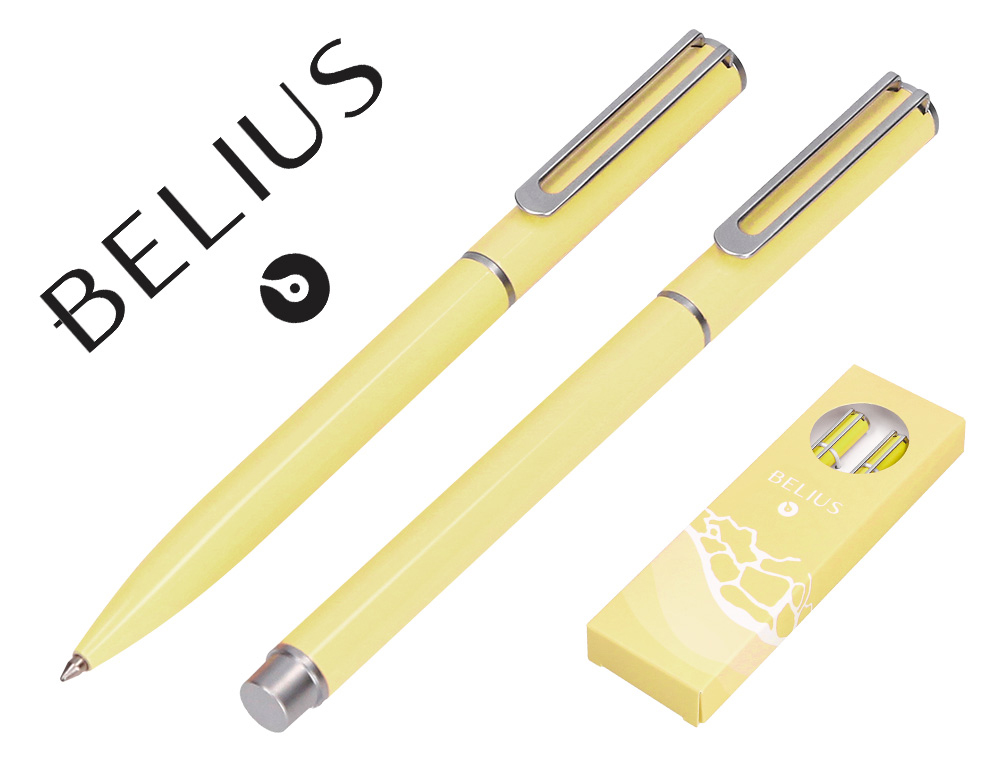 PARURE STYLO-BILLE ET ROLLER BELIUS ENDLESS SUMMER ALUMINIUM ATRIBUTS ARGENT ENCRE BLEUE COLORIS JAUNE COFFRET CADEAU