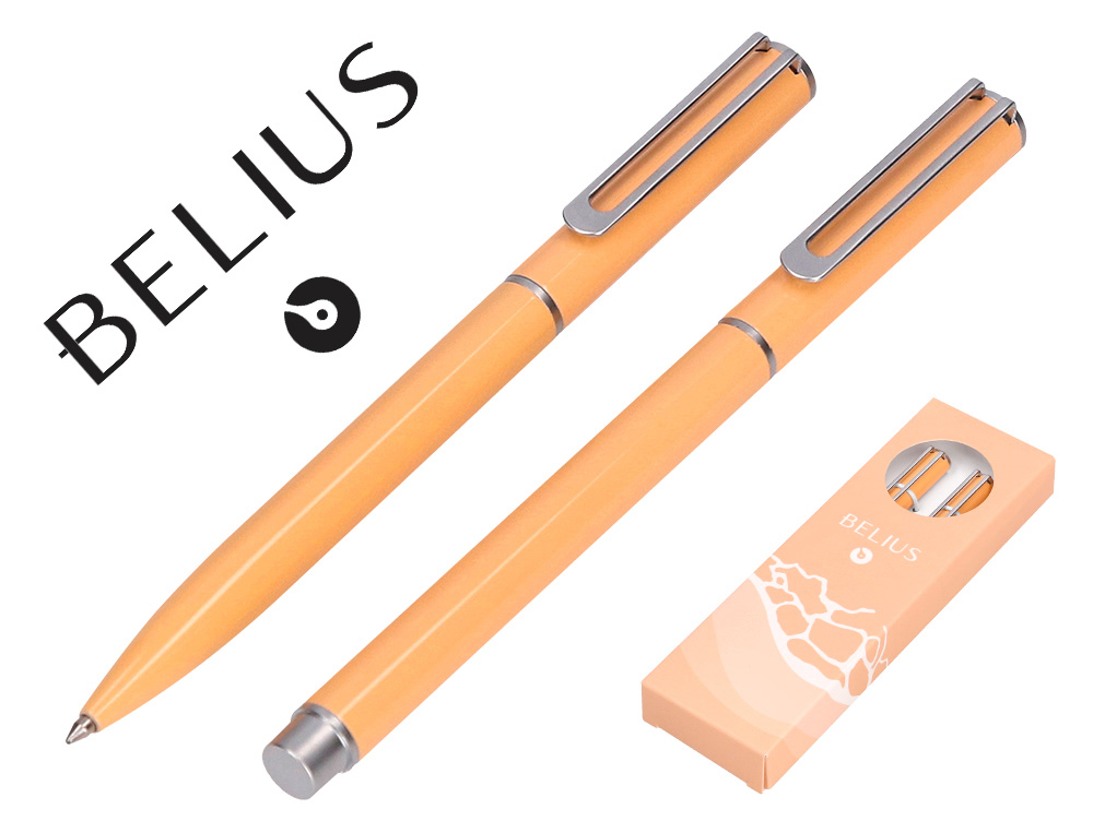 PARURE STYLO-BILLE ET ROLLER BELIUS ENDLESS SUMMER ALUMINIUM ATRIBUTS ARGENT ENCRE BLEUE COLORIS ORANGE COFFRET CADEAU