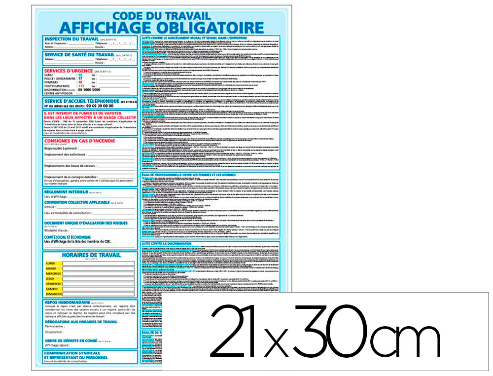 PANNEAU AFFICHAGE OBLIGATOIRE DU CODE DU TRAVAIL  PVC       SEMI-RIGIDE RECYCLABLE,        PAISSEUR 1,5 MM. LAMINATION