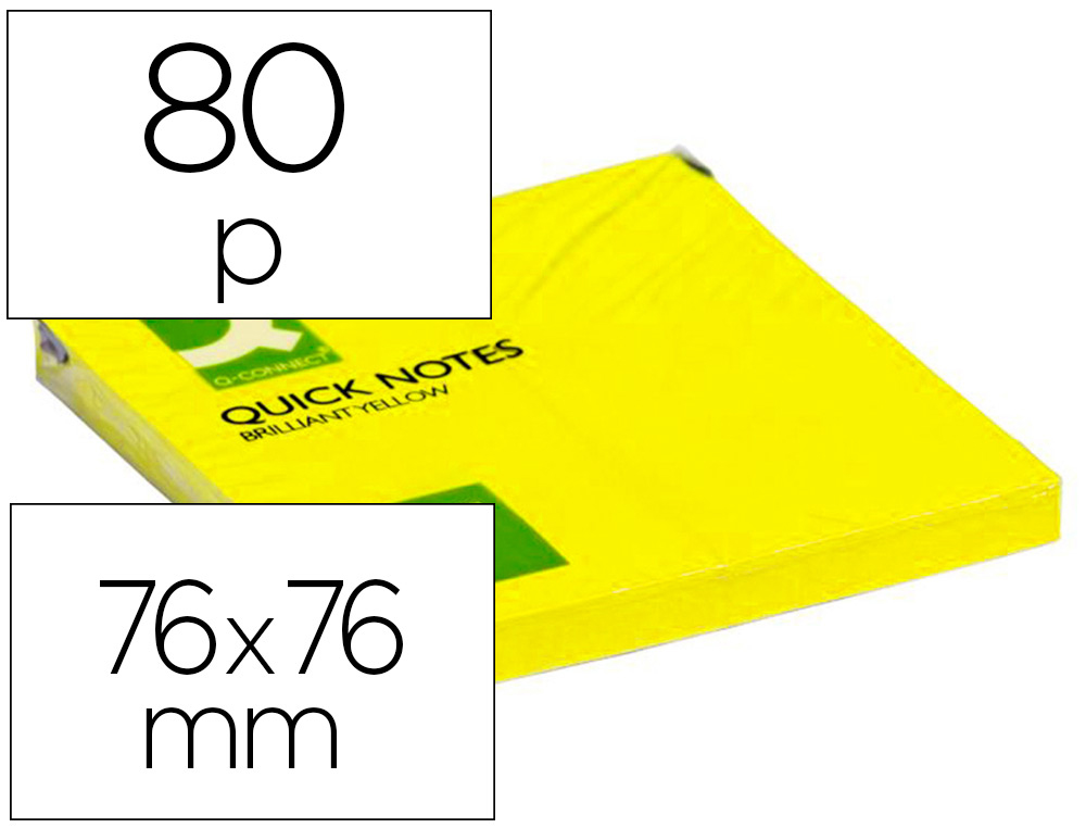 BLOC-NOTES Q-CONNECT QUICK NOTES COULEURS NON 76X76MM 80F REPOSITIONNABLES COLORIS JAUNE VIF