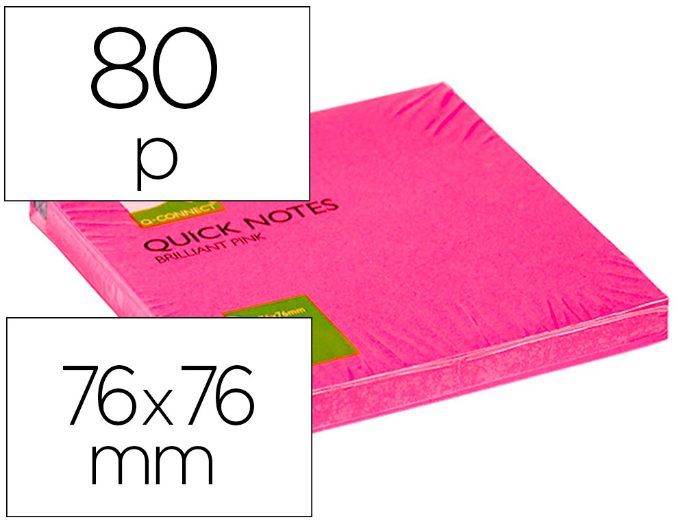 BLOC-NOTES Q-CONNECT QUICK NOTES COULEURS NON 76X76MM 80F REPOSITIONNABLES COLORIS ROSE VIF