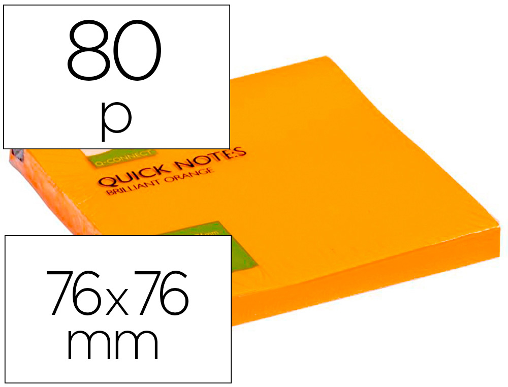 BLOC-NOTES Q-CONNECT QUICK NOTES COULEURS NON 76X76MM 80F REPOSITIONNABLES COLORIS ORANGE VIF