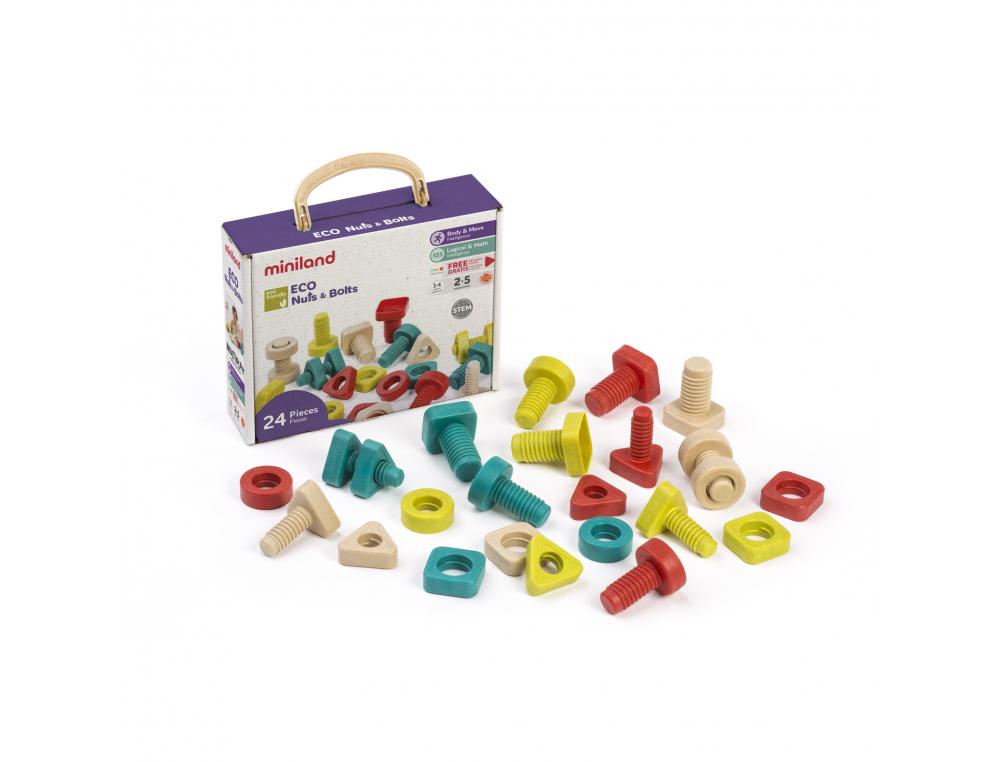 LOT DE VIS ET BOULONS ECO CONUS MINILAND FIBRE         PLASTIQUE ET BOIS 100%        RECYCLEBLE 24 PIECES ET 4