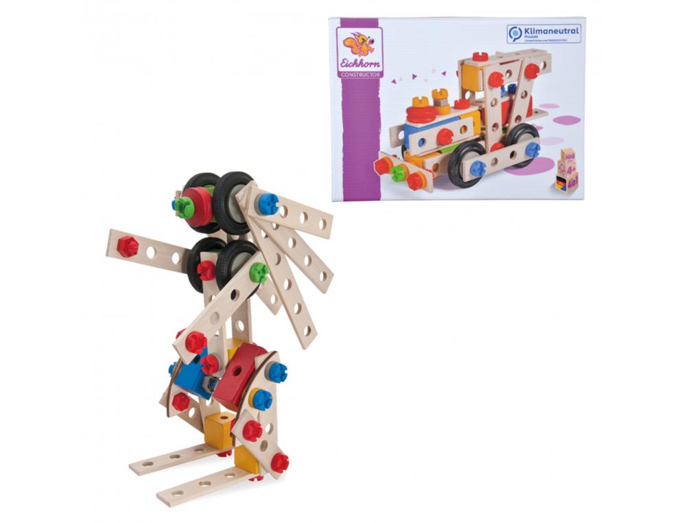 CONSTRUCTION VEHICULES 4 EN 1 EICHHORN 4 CONSTRUCTIONS      POSSIBLES 100 PIECES EN BOIS  VIS EN PLASTIQUE ROUES