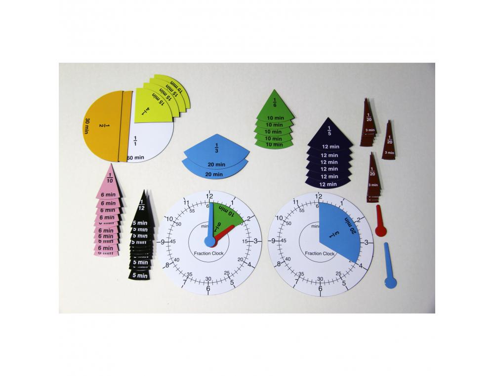 APPRENTISSAGE DE L EHURE ET MINUTES WISSNER SET HORLOGE   ET FRACTIONS 1 CADRAN ET 63   FRACTIONS COLOREES ET