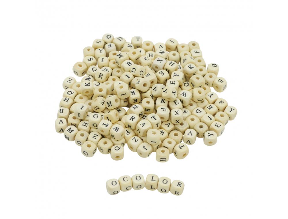 PERLE BOIS OCOLOR FORME CARREE 1CM IMPRIMEE ALPHABET  COLORIS NATUREL LOT DE 440    PERLES