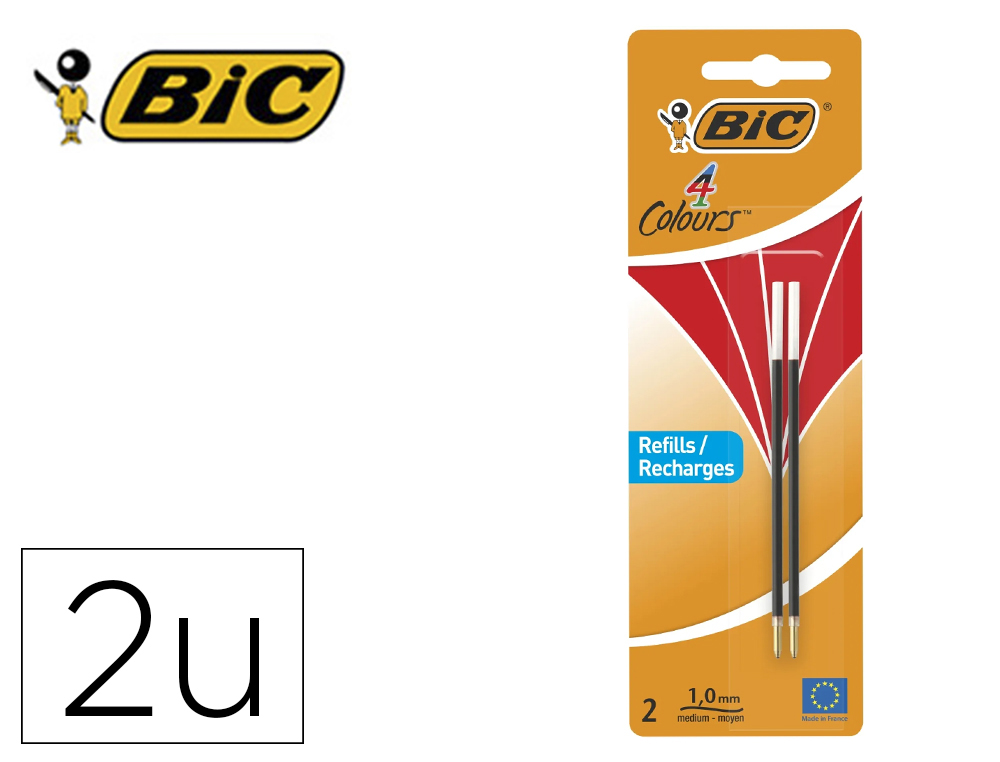 RECHARGE BIC STYLO 4 COULEURS POINTE 1MM TRAIT 0,32MM       COLORIS ROUGE BLISTER 2       UNITES