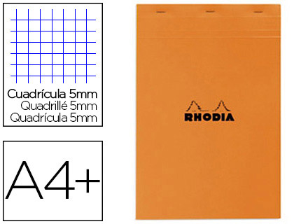 BLOC BUREAU RHODIA A4+ PAPIER VLIN SURFIN COUVERTURE ENDUITE ENVELOPPANTE 210X320MM 80F DTACHABLES 80G 5X5MM ORANGE