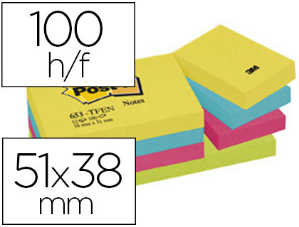 BLOC-NOTES POST-IT COULEURS NERGIQUES 51X38MM 100F REPOSITIONNABLES 5 COLORIS ASSORTIS 12 BLOCS