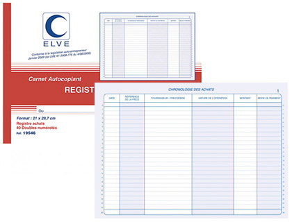 MANIFOLD AUTOCOPIANT ELVE ACHATS AUTO-ENTREPRENEUR A4 210X297MM FOLIOTAGE 50 DUPLIS