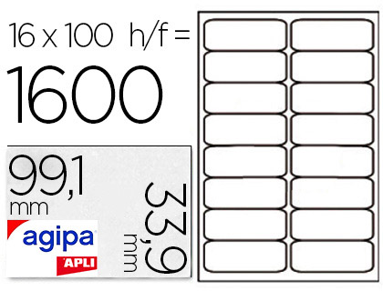 TIQUETTE ADHSIVE APLI AGIPA MULTI-USAGE 99.1X33.9MM TOUTE IMPRIMANTE COINS ARRONDIS BOTE 1600 UNITS