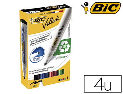 MARQUEUR BIC VELLEDA 1701 EFFAABLE POINTE OGIVE TRAC 1.5MM ENCRE BASE ALCOOL INODORE CORPS PLASTIQUE BOTE 4 UNITS