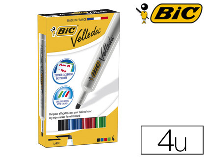MARQUEUR BIC VELLEDA 1791 EFFAABLE POINTE BISEAUTE TRAC 2/5MM CORPS PLASTIQUE ENCRE CTONE BOTE 4 UNITS