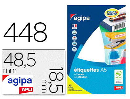 TIQUETTE ADHSIVE APLI AGIPA MULTI-USAGE 48.5X18.5MM LASER JET D'ENCRE FORMATS PARAMTRS TUI A5 448 UNITS