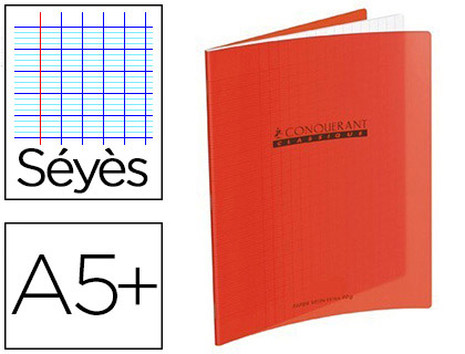 CAHIER PIQU CONQURANT CLASSIQUE COUVERTURE POLYPROPYLNE RIGIDE TRANSPARENTE A5+ 17X22CM 32 PAGES 90G SYS ROUGE