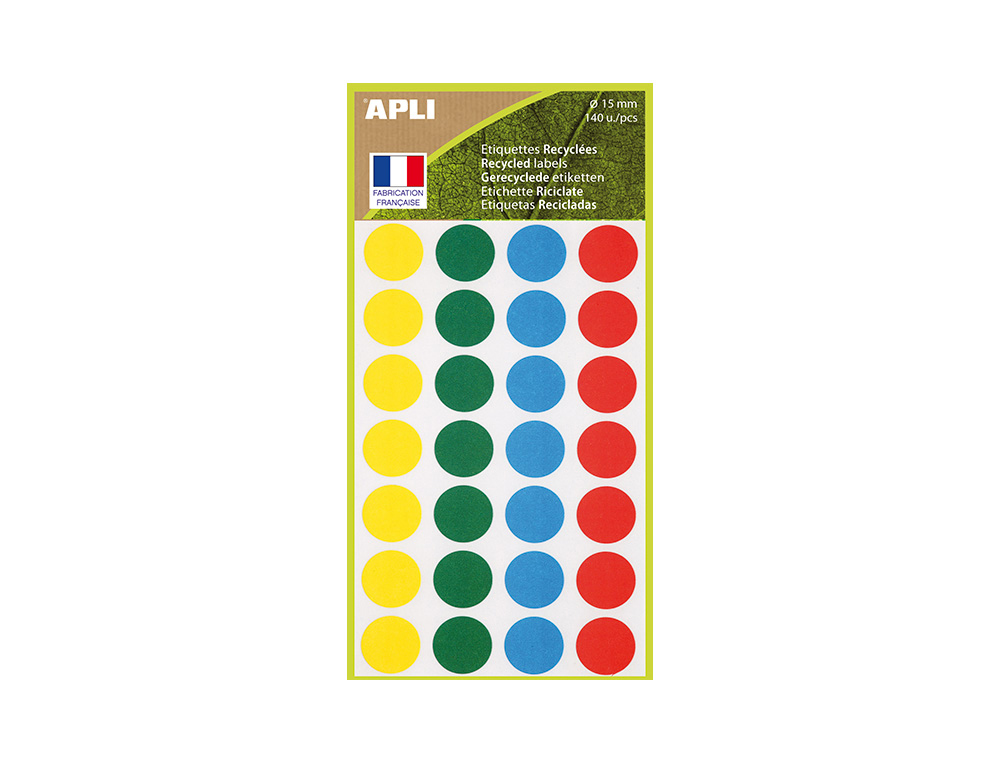 ETIQUETTES APLI 100% RECYCLE 15MM COLORIS ASSORTIS        POCHETTE 140 UNITES