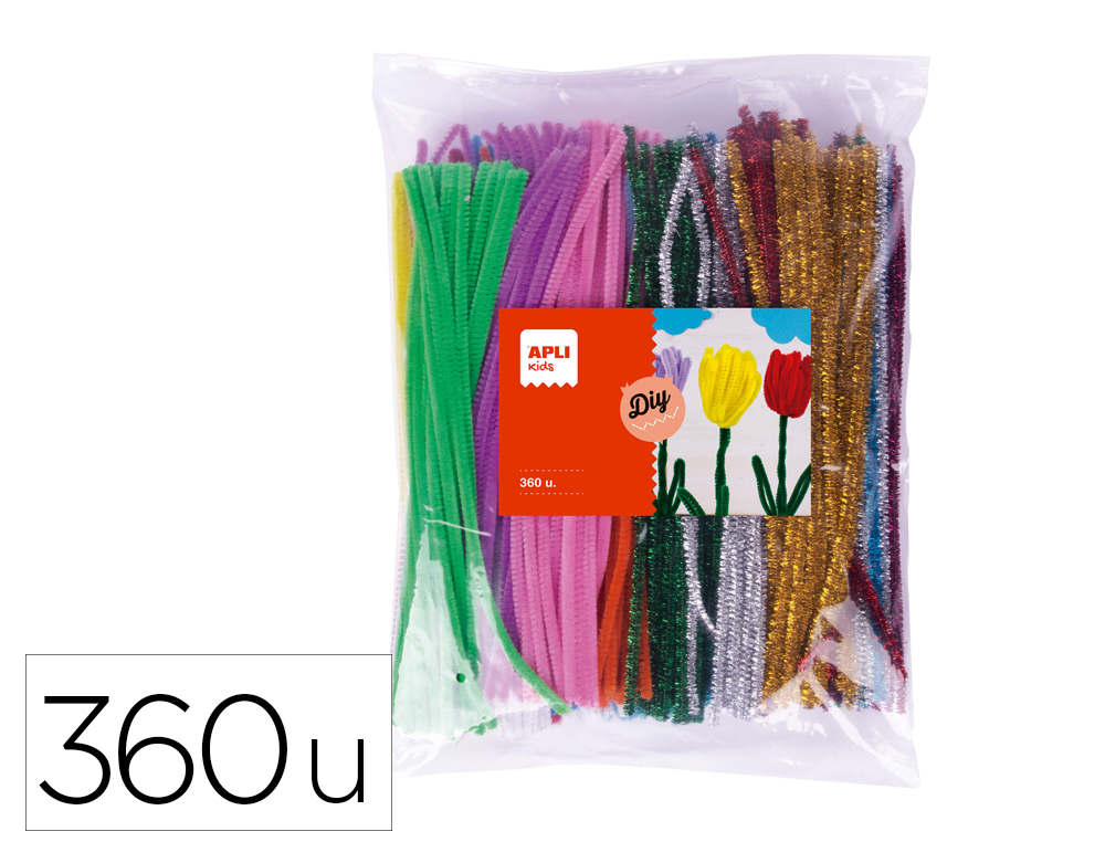 CHENILLES APLI DIAMETRE 7MM LONGUEUR 30CM 15 COLORIS      ASSORTIS ET METALLISE SACHET  360 UNITES