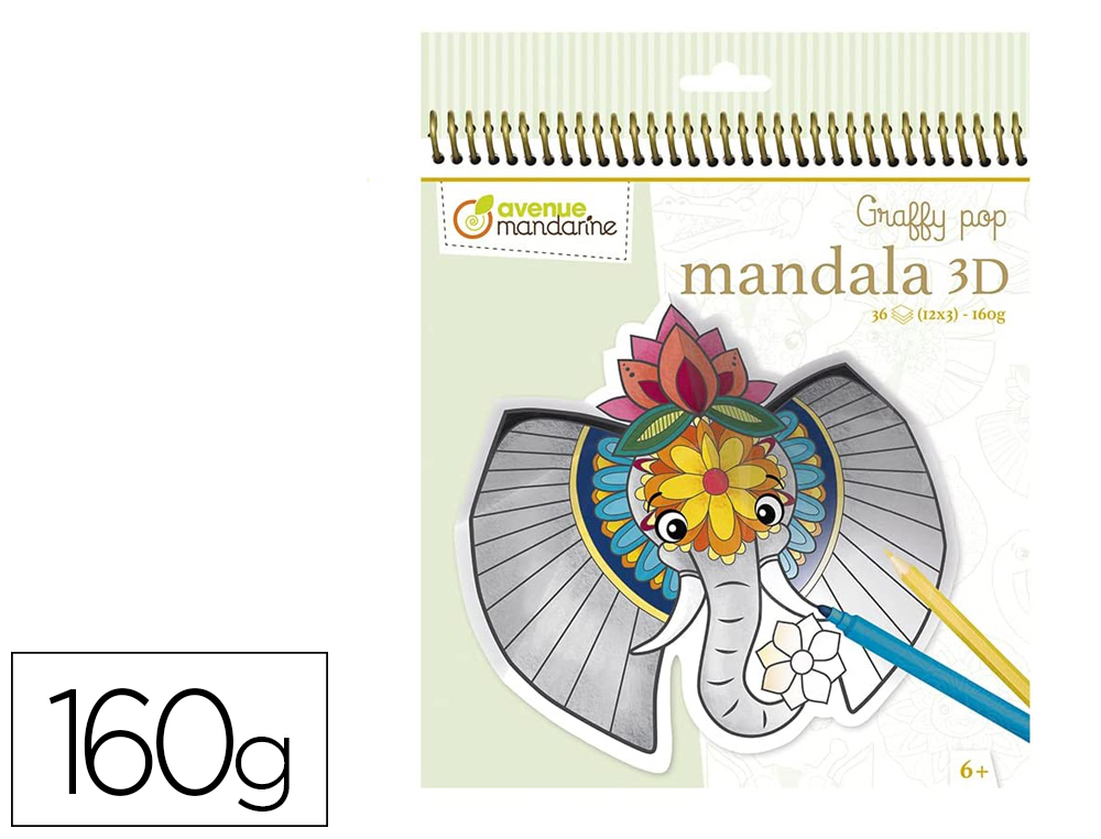 MASQUE A COLORIER AVENUE MANDARINE GRAFFY POP MANDALA 3D THEME ANIMAUX SAVANE 160G 12 DESIGNS X3 CARNET 36 FEUILLES